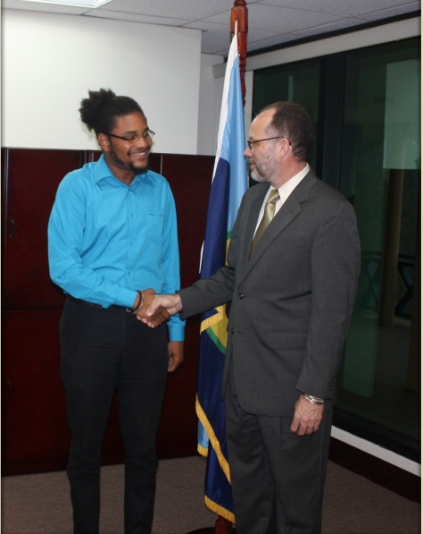 CYA for St. Kitts and Nevis and Incoming Dean Klieon John poses for a photograph with CARICOM Secretary General, Ambassador Irwin LaRocque during a courtesy call on Thursday 16 April, 2015.